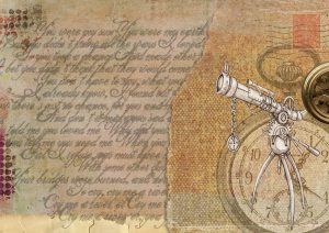 old manuscript, clock and telescope